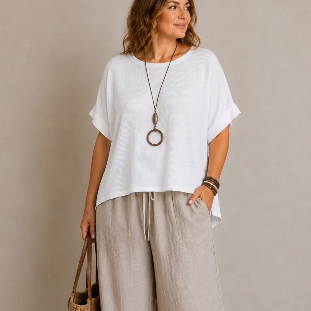 ANDREE BY UNIT Waffle Knit Boxy Dolman Top 1X/2X Lagenlook Coastal Beach White‎